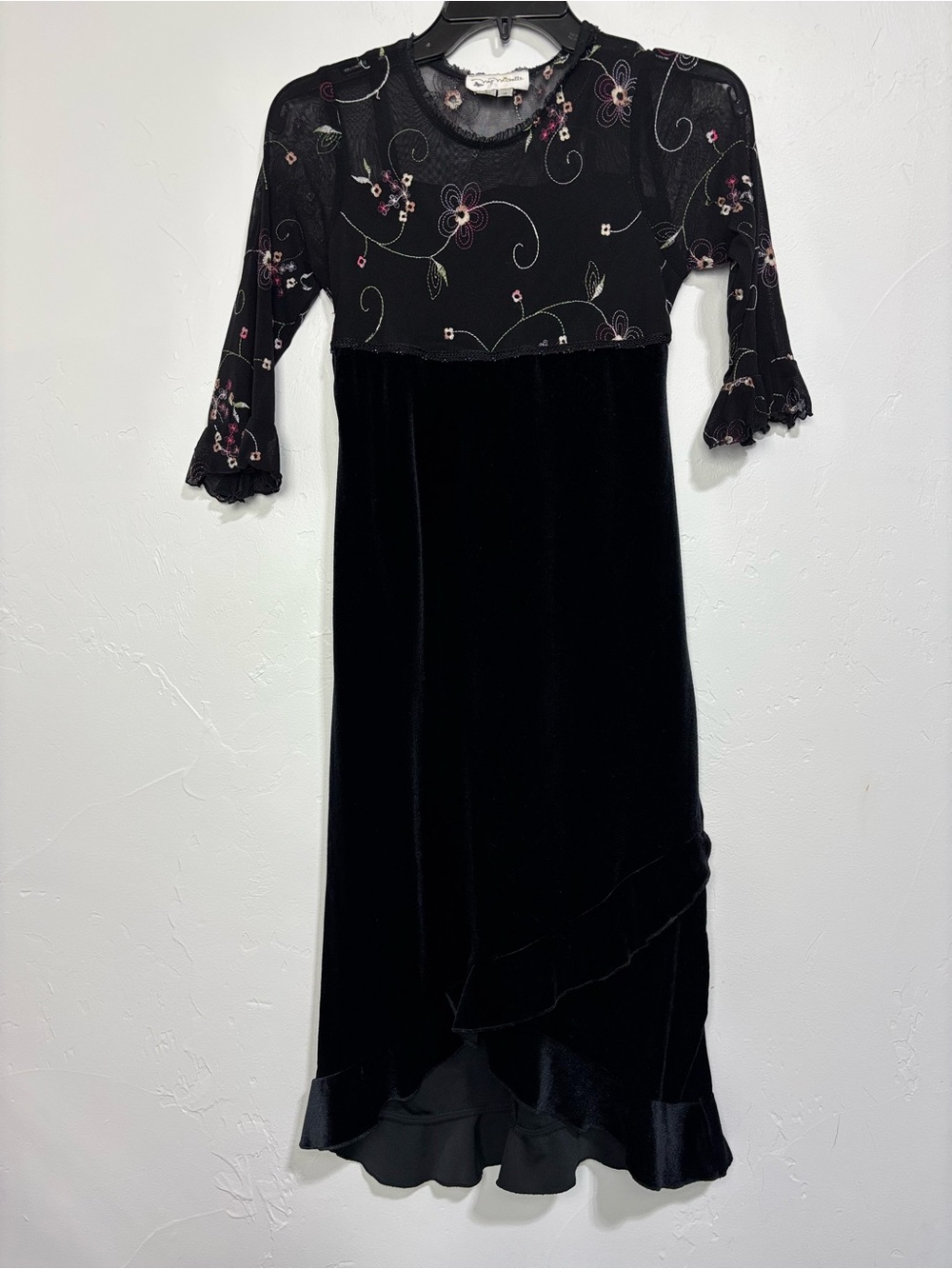 My Michelle Girls Black Velvet Floral Mesh Maxi Dress Size 12 3/4 Sleeve VTG